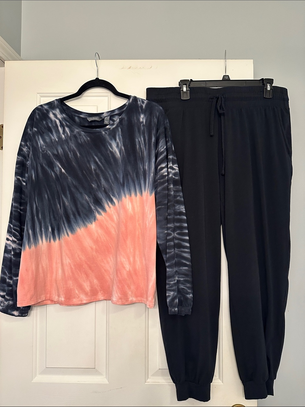 AnyBody Tie-Dye Long Sleeve Top and Black Jogger Pants Set - Pink & Black